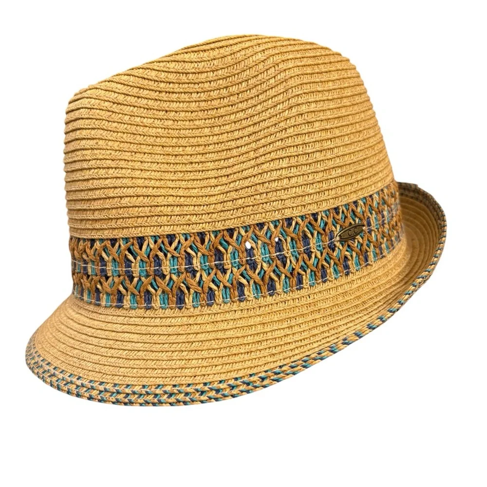 NWOT C.C Straw Fedora Hat Multicolor Woven Band One Size